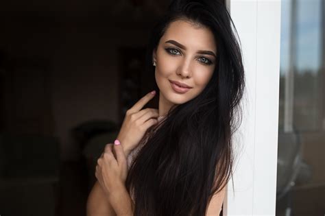 wallpaper kristina romanova model brunette dark hair long hair looking at viewer smiling