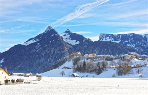 Momenteel is dit gebied het vruchtbaarste gebied in zwitserland en wordt gebruikt voor de groenteteelt. Landschap Van Platteland In Zwitserland In De Winter Stock Foto - Afbeelding: 66372960