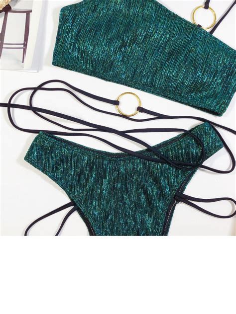 China Bronzing Sexy Bandage Strap Bralettepanty Shiny Bikini Set