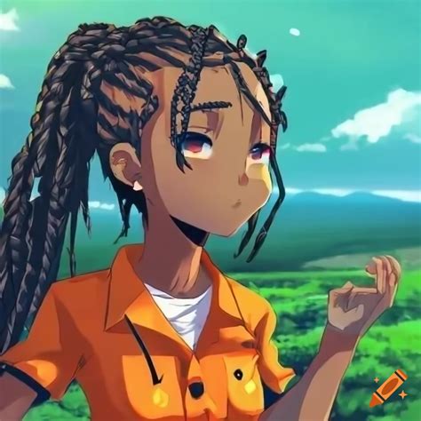 Black Anime Girl With Braided Hair Wearing Orange Short Sleeve Button