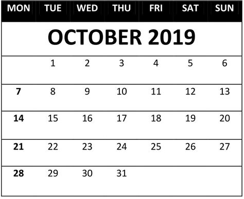 Free Printable October 2019 Calendar Template In Pdf Word Excel