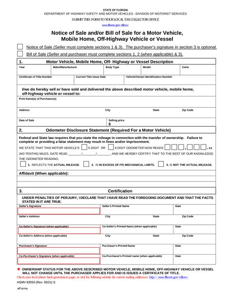 Free Florida Bill Of Sale Forms Pdf Eforms