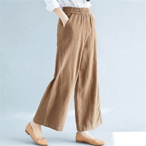 Linen Wide Leg Pants For Women Ealstic Waist Plus Size Loose Summer Spring Autumn High Waist
