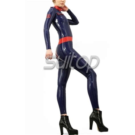 Suitop Womens Sexy Rubber Latex Military Uniform Catsuit With Front