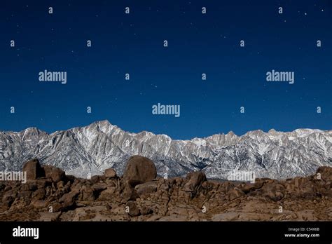Low Angle View Of Mountains In Moonlight At Night Alabama Hills Lone