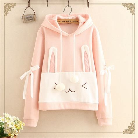 Harajuku Kawaii Women Hoodies Sweatshirts Pink Rabbit Pattern Long
