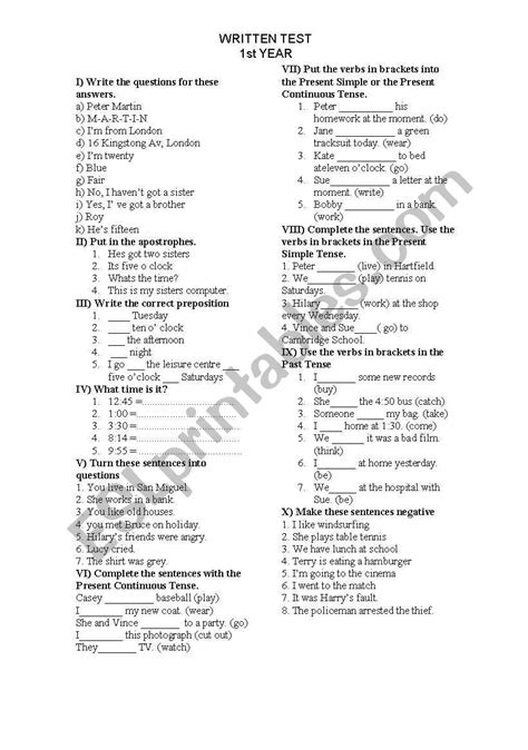 Revision 1st Year Esl Worksheet By Soley