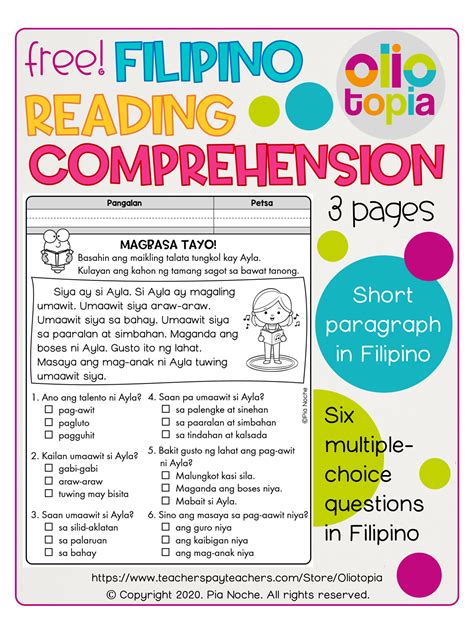 Free Filipino Reading Comprehension Passages Reading Comprehension