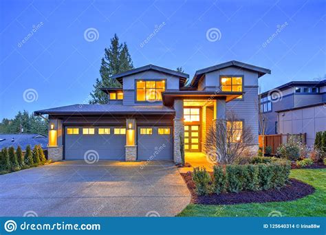 Grey Luxury Modern Two Story Tall House Exterior With