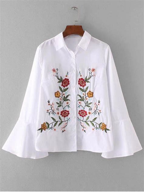 23 Off 2021 Flower Embroidered Shirt In White Zaful