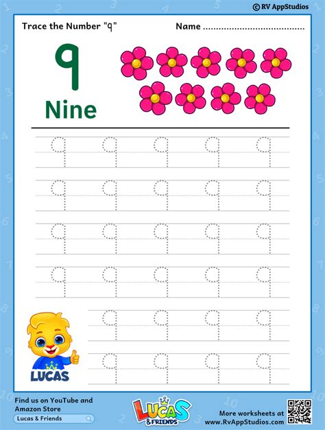 Trace Number 9 Worksheet For Free For Kids