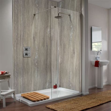 Waterproof laminate diy shower & bathroom wall panels & kits eliminate the hassle of cleaning tile grout joints. Showerwall Silver Travertine waterproof proclick shower ...