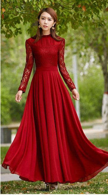 Charming Long Lace Sleeves Pleated Chiffon Long Red Maxi Dress Oh