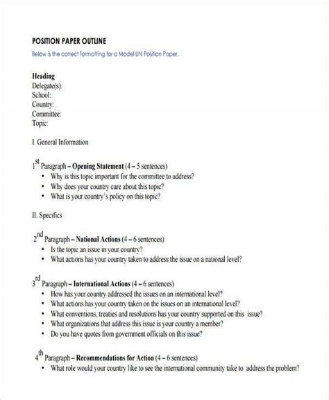 An effective position paper can be broken into five simple parts for example, a topic background on the issue of human trafficking might provide the official definition of human trafficking (the illegal abuse of individuals through coercion, deception, and other recruitment and harboring for sexual and. 10 Paper Outline Templates - Free Sample,Example Format ...