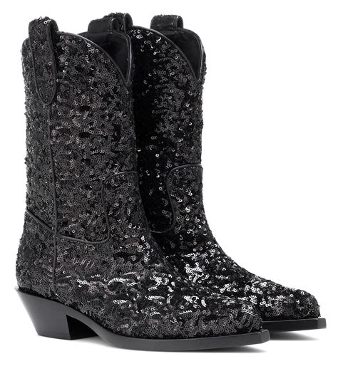 Dolce And Gabbana Leather Sequined Cowboy Boots In Black Lyst