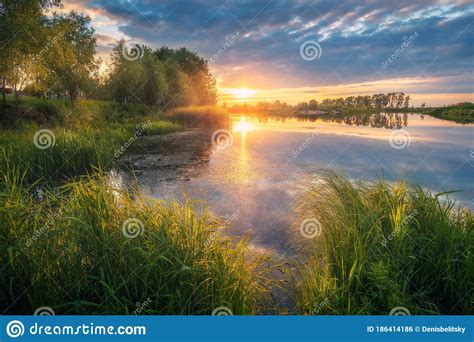 Beautiful River Coast At Sunset In Summer Colorful Landscape Stock