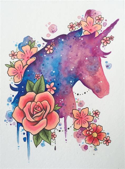Unicorn Art Print Tattoo Print Galaxy Art Cosmic Painting Etsy