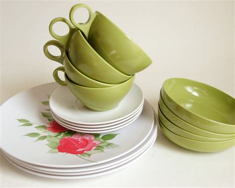 Vintage Melamine Set Pink Rose Dishes Avocado Cups Bowls Four Place