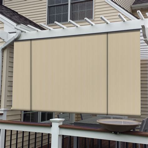 Roller Pull Up Outdoor Beige Shades Patio Blinds Deck Sun Screen In