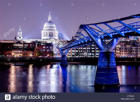 Millennium Bridge And St Pauls Cathedral At Night London Uk Stock