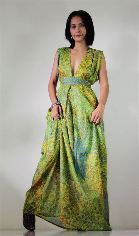 peacock maxi dress boho sexy plunging v neck long evening gown oriental secrets collection