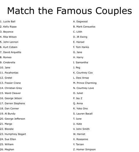 match the famous couples worksheet wordmint