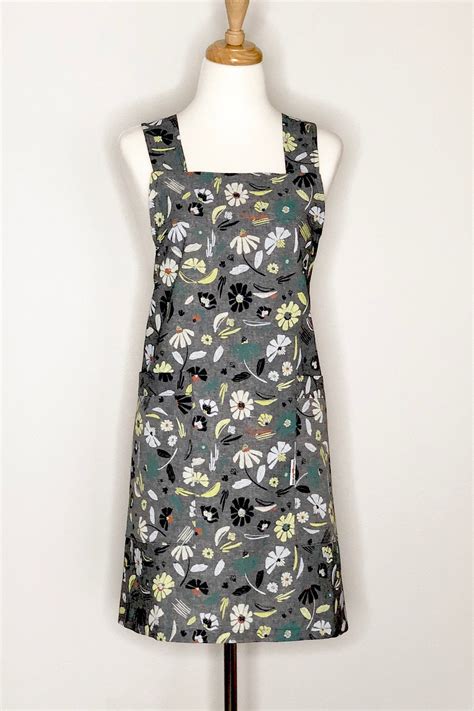 Womens Japanese Cross Back Apron In Gray Floral Linen Crossover Pinafore Apron With Pockets
