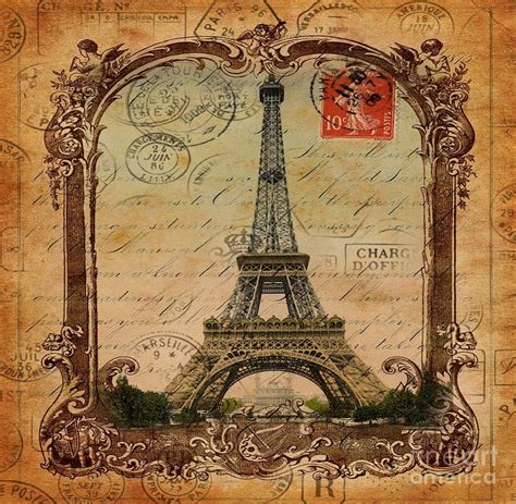 Vintage Victorian Frame Paris Eiffel Tower Postage Art Mixed Media By