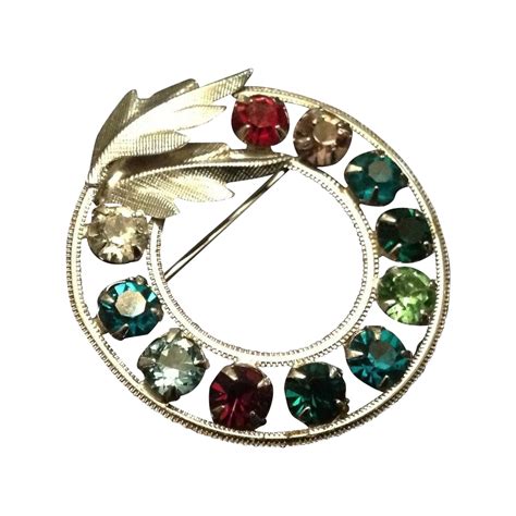 Sterling Silver Circle Pin With Multi Colored Rhinestones From