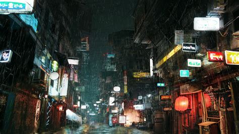 Wallpaper Lights City Street Cityscape Night Cyberpunk Rain