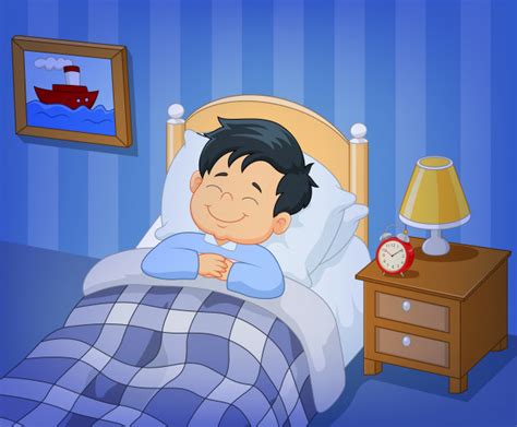 Buenas noches hola niño durmiendo en el árbol cálida y encantadora ilustración de la noche. Sonrisa de dibujos animados niño durmiendo en la cama ...