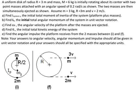 solved a uniform disk of radius r 3 m and mass m 6 kg is initially rotating about its