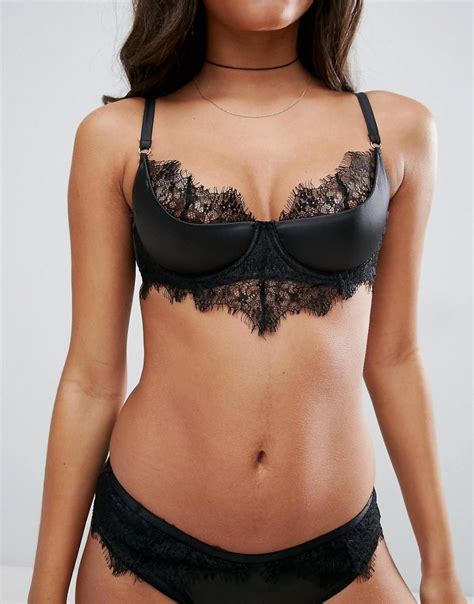 Lyst Asos Lucille Eyelash Lace And Satin Half Cup Padded Underwire Bra In Black