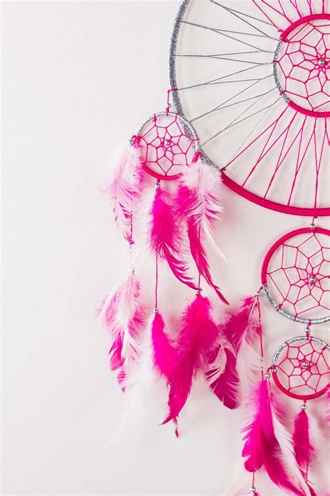 A Pink And White Dream Catcher Hanging On The Wall Next To A Black Cat