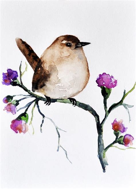 Sparrow And Flowers Original Watercolor Painting By Artcornershop
