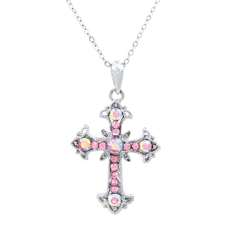Decorative Crystal Cross Pendant Necklace Pink Rosemarie Collections