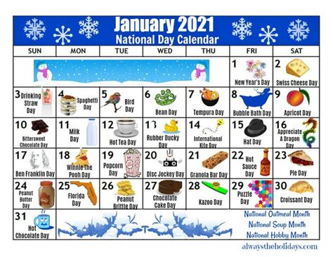 The holiday was first created as a fundraiser for the salvation army in 1938. January Printable National Day Calendar 2021 - Free ...