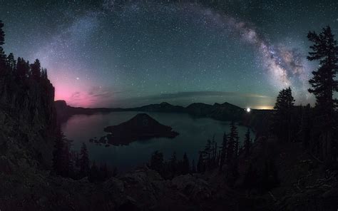 Nature Landscape Starry Night Milky Way Crater Lake Trees Lights