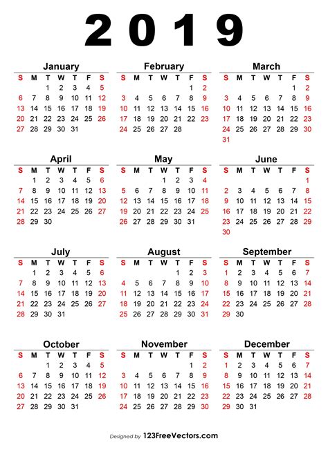 2019 Calendar One Page Calendar 2019 Printable Calendar Printables