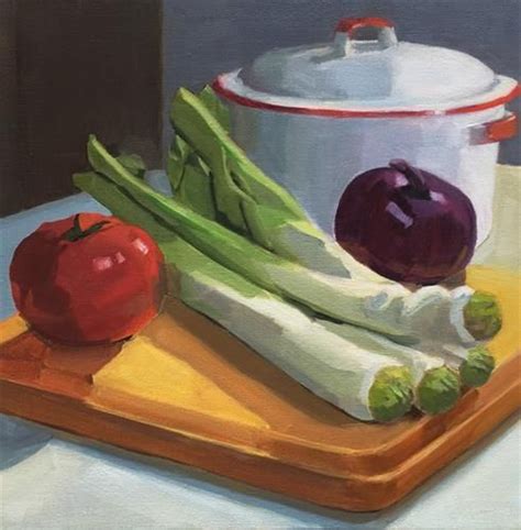 Daily Paintworks Leeks And White Enamel Pot Original Fine Art For