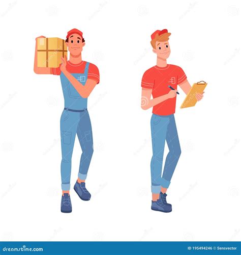 Delivery Couriers Delivering Goods With Waybill Stock Vector