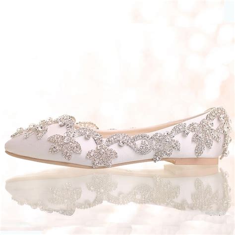 White Satin Diamond Wedding Shoes Flat Heel Women Rhinestone Bride
