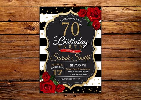 70th Birthday Party Invitation. Red Roses and Gold 70th | Etsy