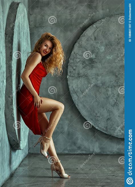 Beauty Girl With Long Red Hiar Provocative Red Dress Luxury Woman In