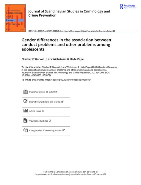 Pdf Gender Differences In The Association Between Conduct Problems And Other Problems Among