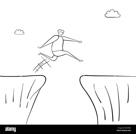 Man Jumping Over Abyss Hand Drawn Vector Illustration Black Outlines