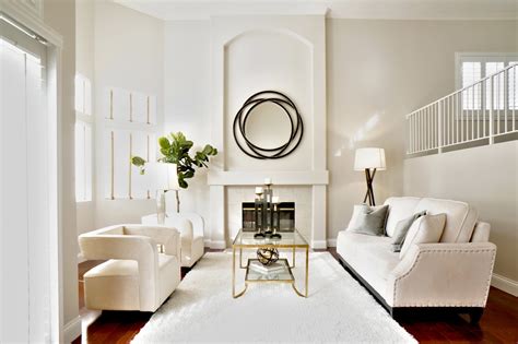Los Angeles Round Mirror Over Fireplace Living Room Transitional With
