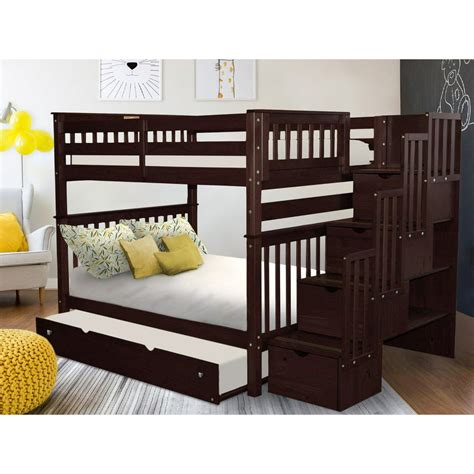 bedz king stairway bunk beds full over full with 4 drawers in the steps and a twin trundle dark