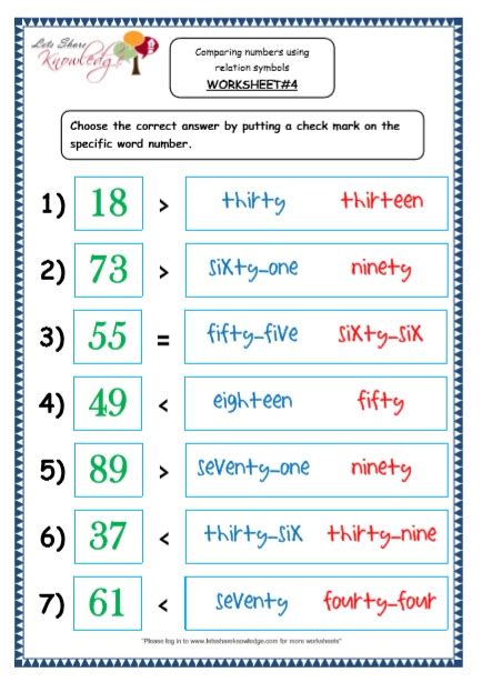 Kindergarten Comparing Numbers Printable Worksheets Lets Share Knowledge