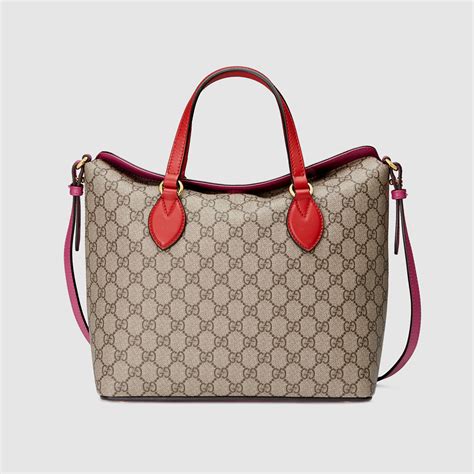 Gucci Leather Gg Supreme Canvas Tote In Red Gray Lyst